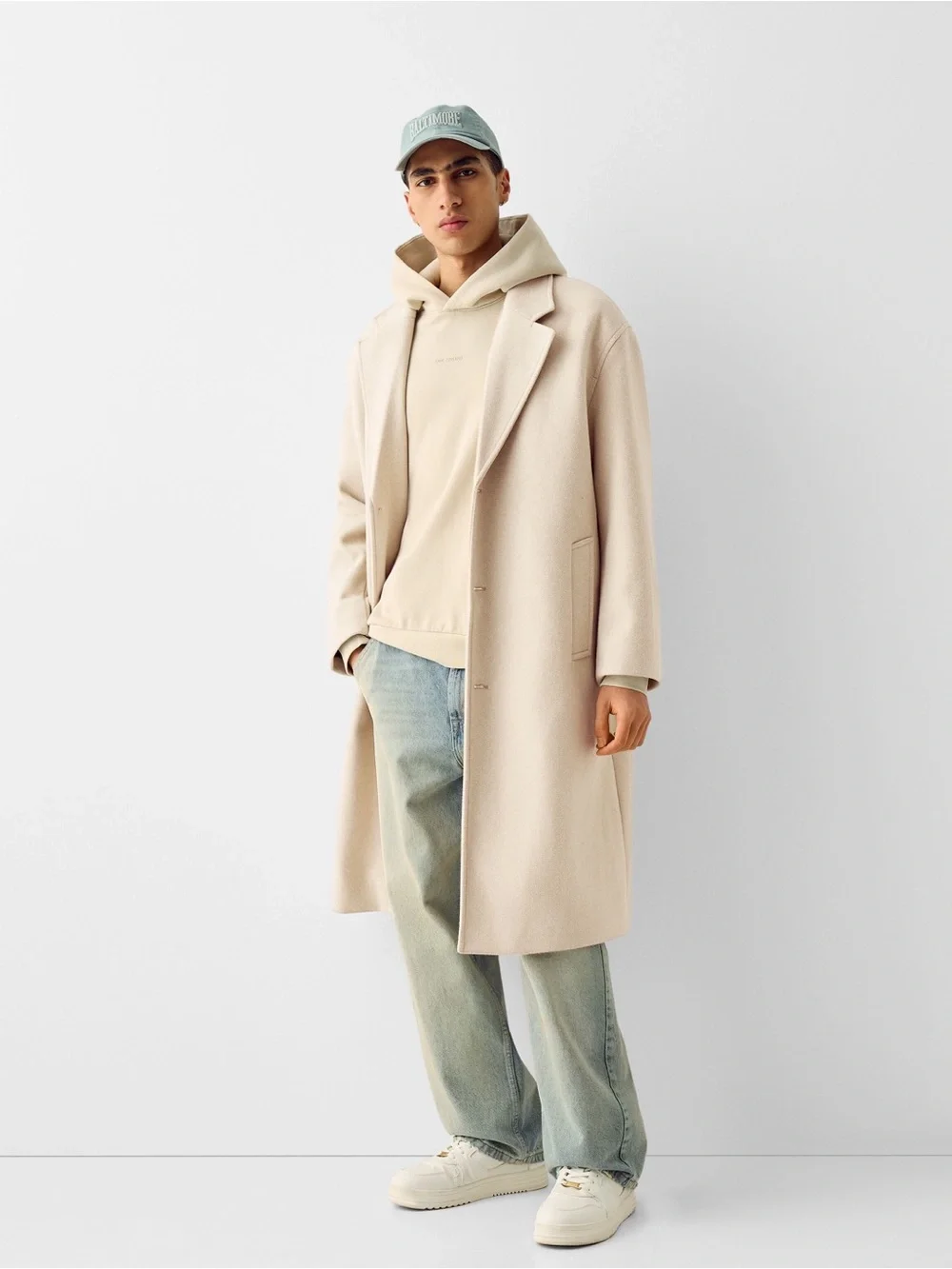 Bershka Men's Cream Long Trench Coat